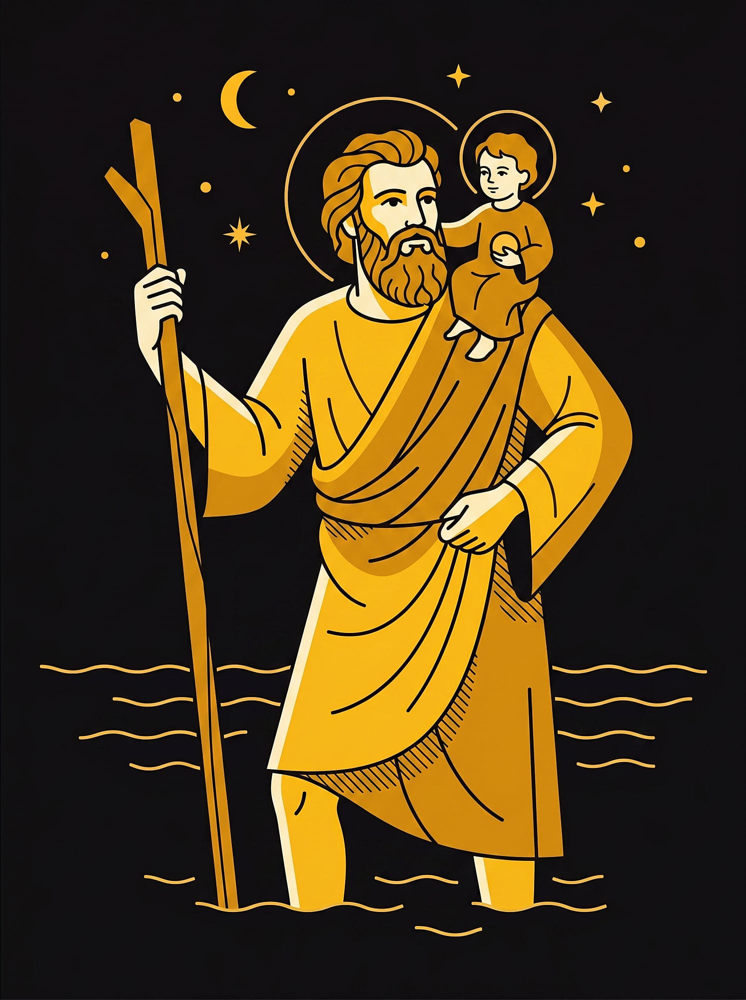 Illustration des Heiligen Christophorus, der ein Kind durch einen Fluss trägt