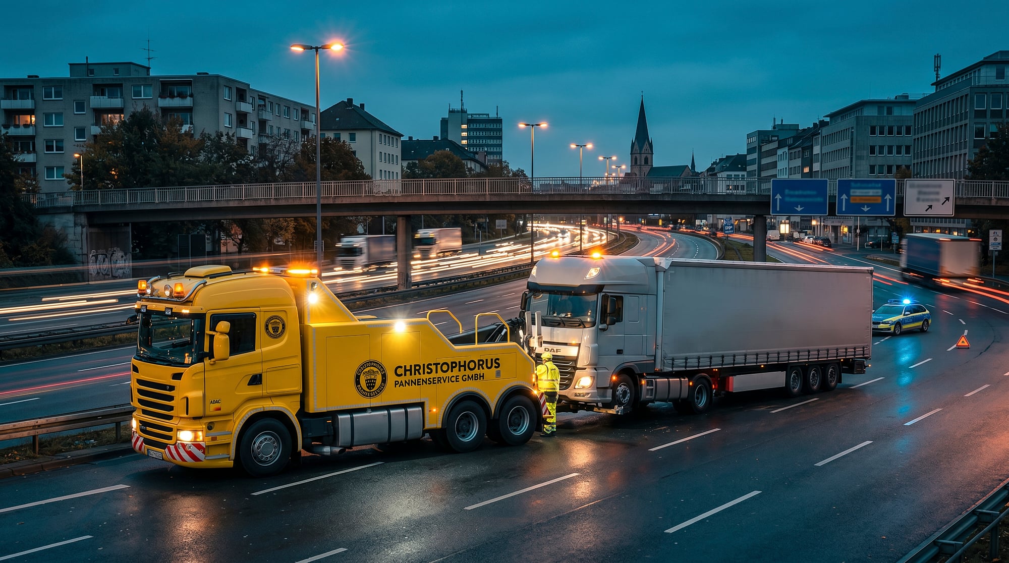 Christophorus Schwerlast-Bergungsfahrzeug birgt einen LKW-Sattelzug am Kölner Ring
